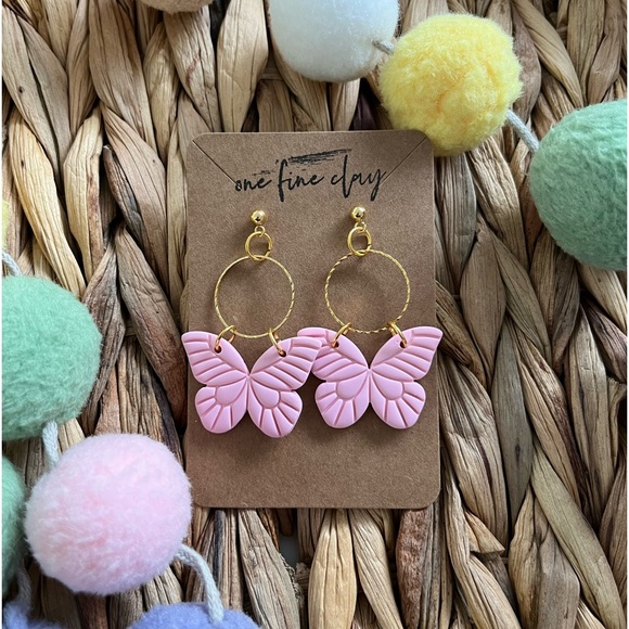Butterfly Clay Dangle Earrings in Pastel Pink - Picture 2 of 7